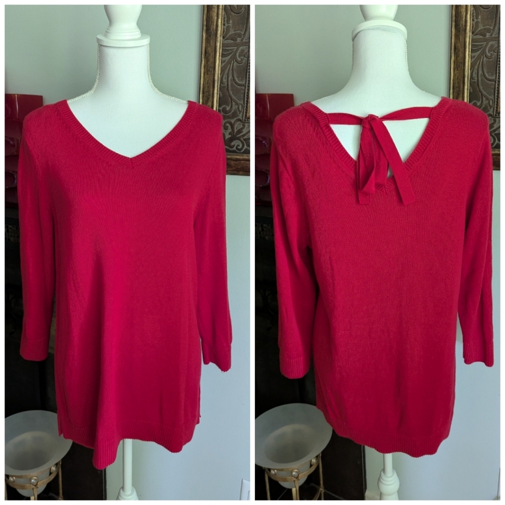 Talbots Wms Large Petite Red Pima Cotton V-neck  Tie Back Sweater Top 3/4SLV 148
